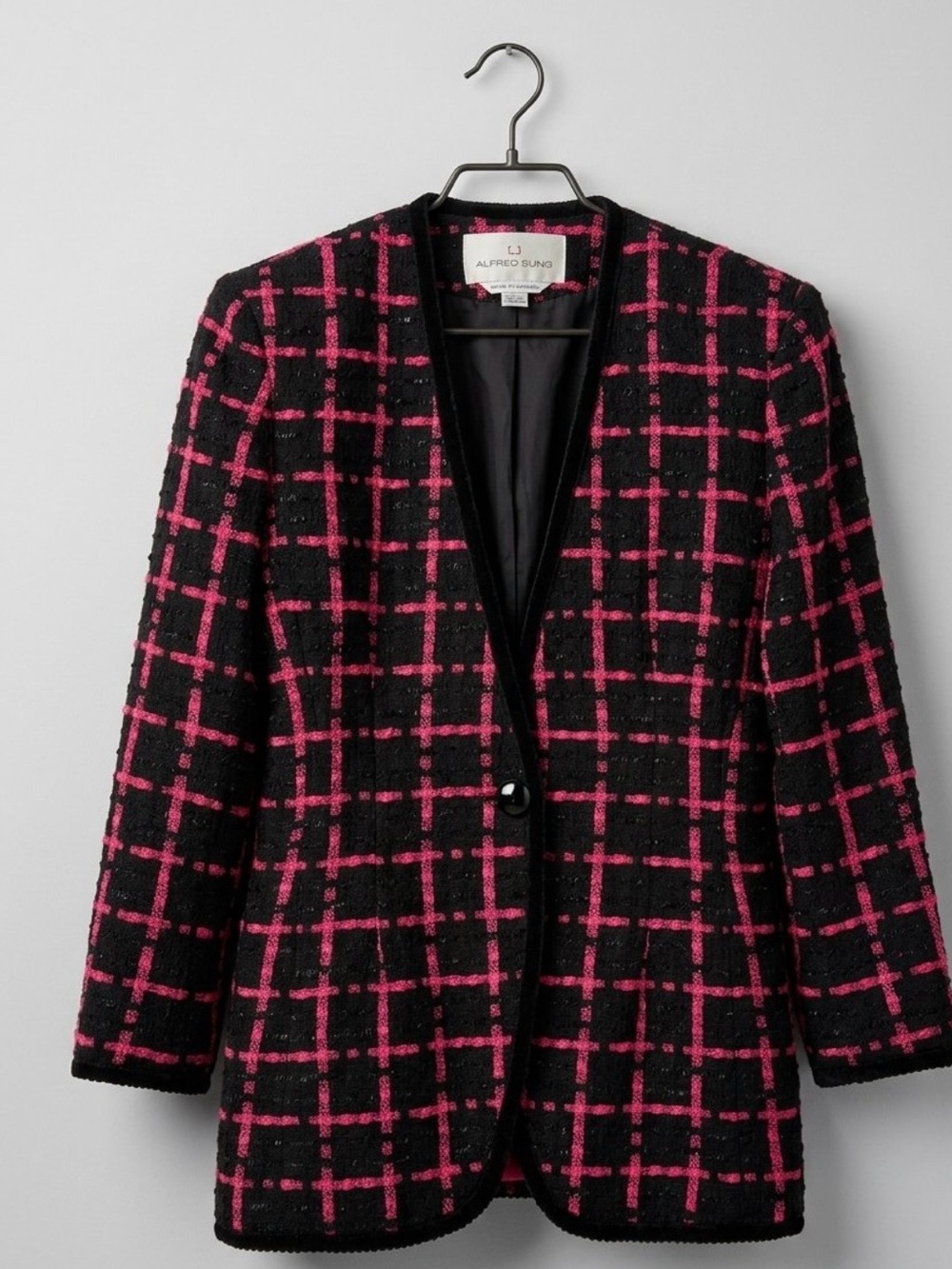 ALFRED SUNG Black and Pink Tweed Single-Button Blazer